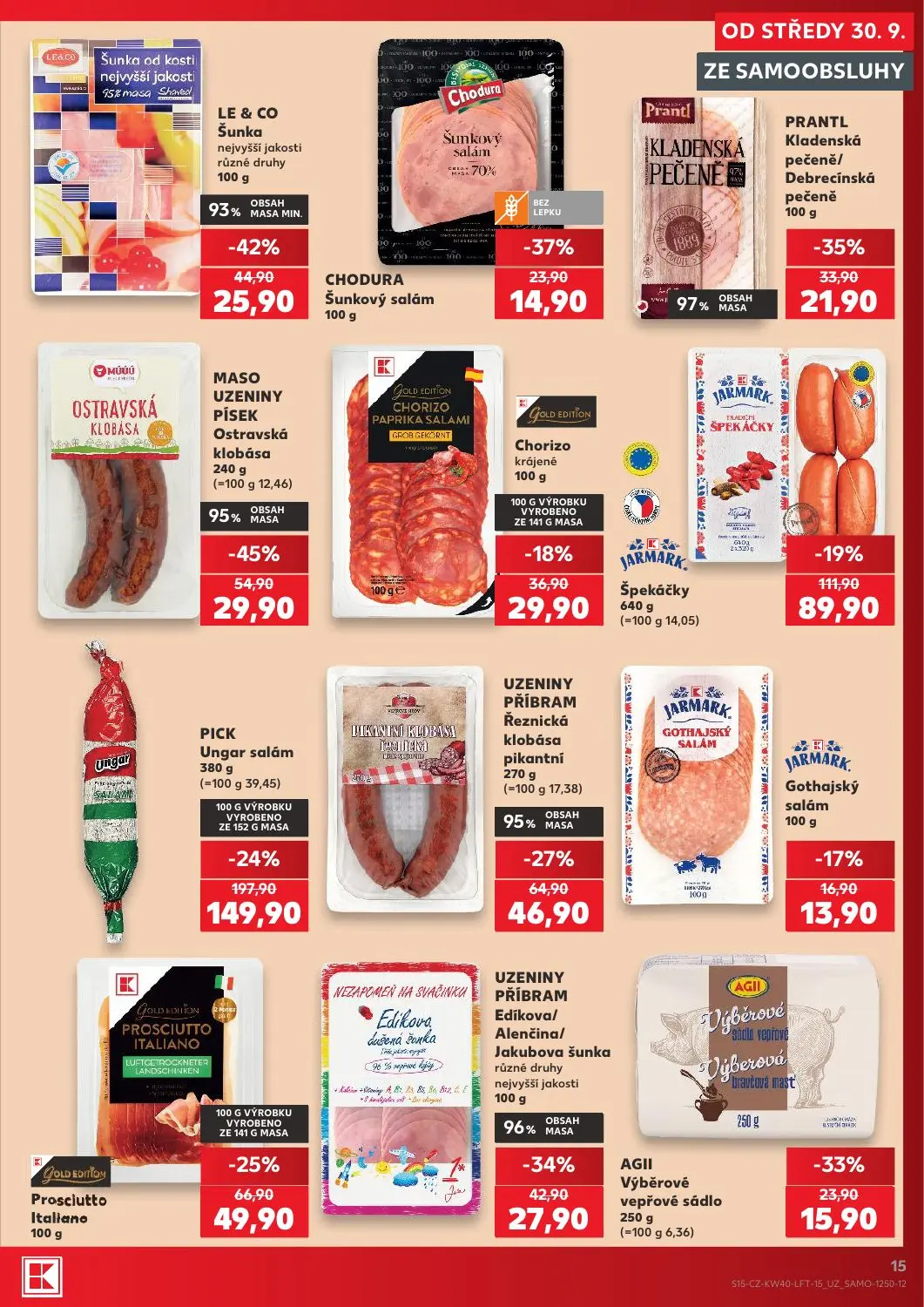 Kaufland leták, strana 15 z 54 — PICK Ungar salám, MASO UZENINY PÍSEK Ostravská klobása, JARMARK Špekáčky