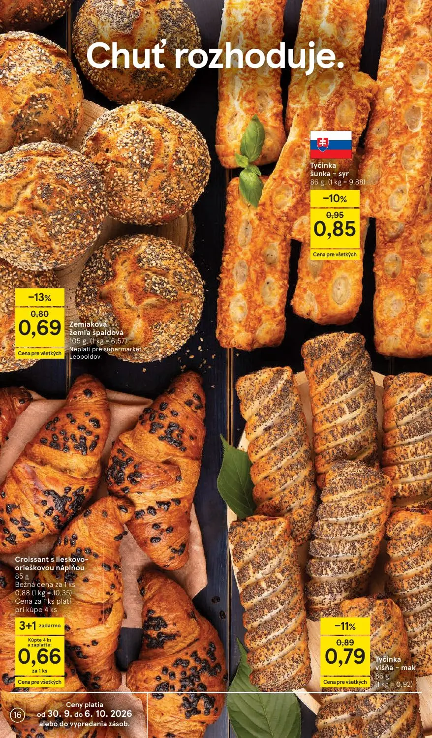 Tesco Supermarket leták, strana 16 z 30 — Croissant s lieskovo-orieškovou náplňou, Zemiaková žemľa špaldová, Tyčinka šunka -…