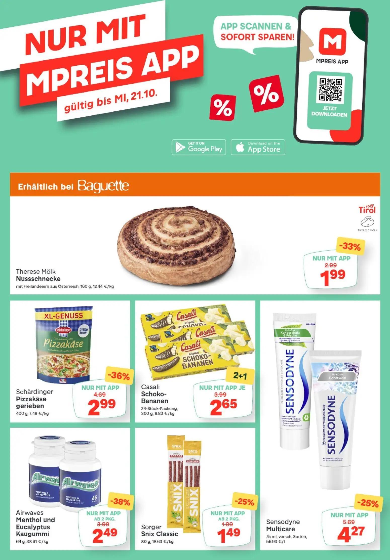 MPREIS Prospekt, Seite 13 von 15 — Schärdinger Pizzakäse gerieben, Airwaves Menthol und Eucalyptus Kaugummi, Sensodyne Multi…