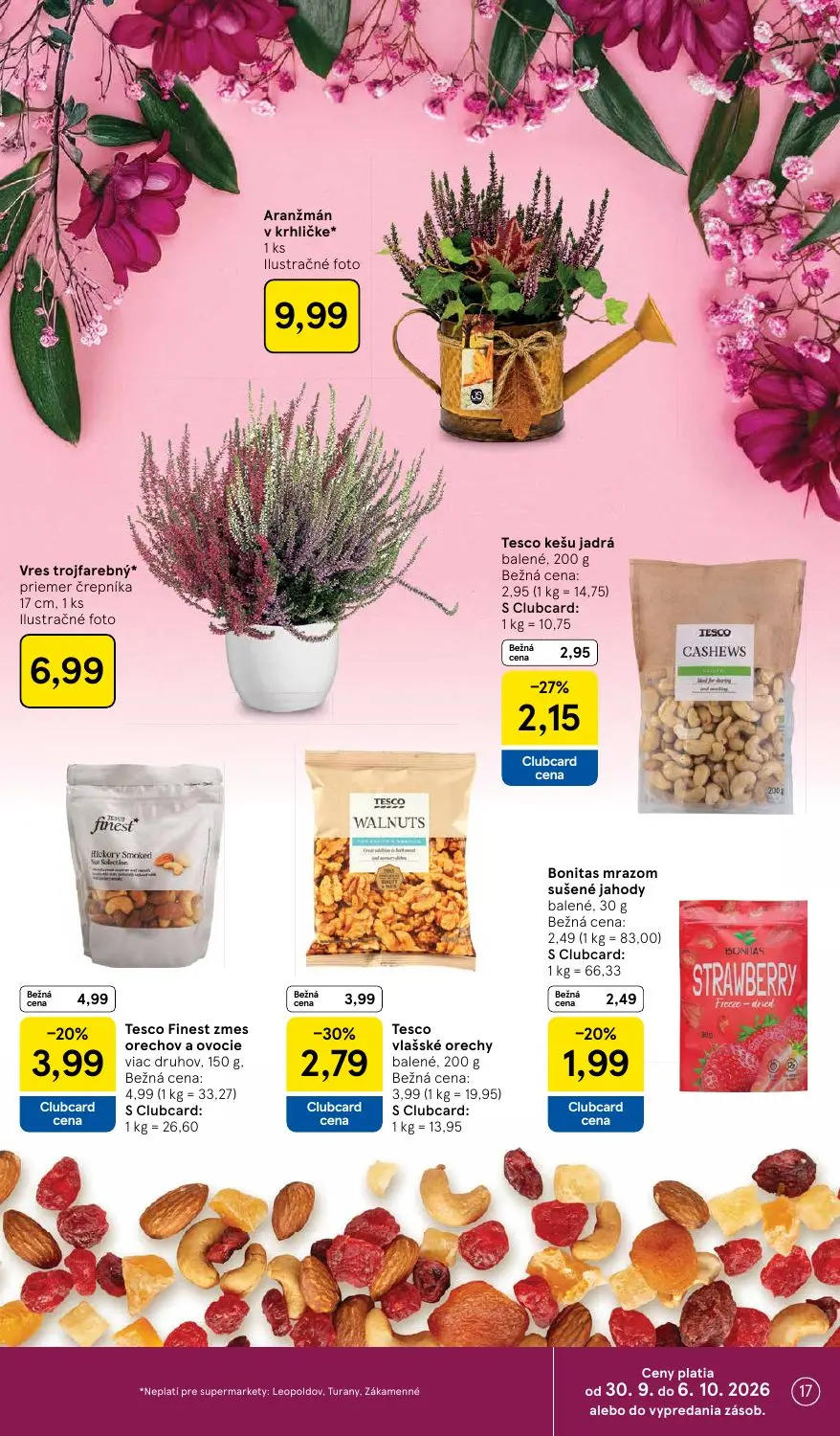 Tesco Supermarket leták, strana 17 z 30 — Tesco vlašské orechy, Tesco Finest zmes orechov a ovocie, Tesco kešu jadrá