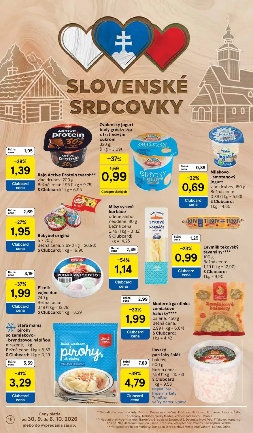 Tesco leták, strana 18 z 43 — Ilavský parížsky šalát balený, Stará mama pirohy so zemiakovo--bryndzovou náplňou mrazené, Mil…