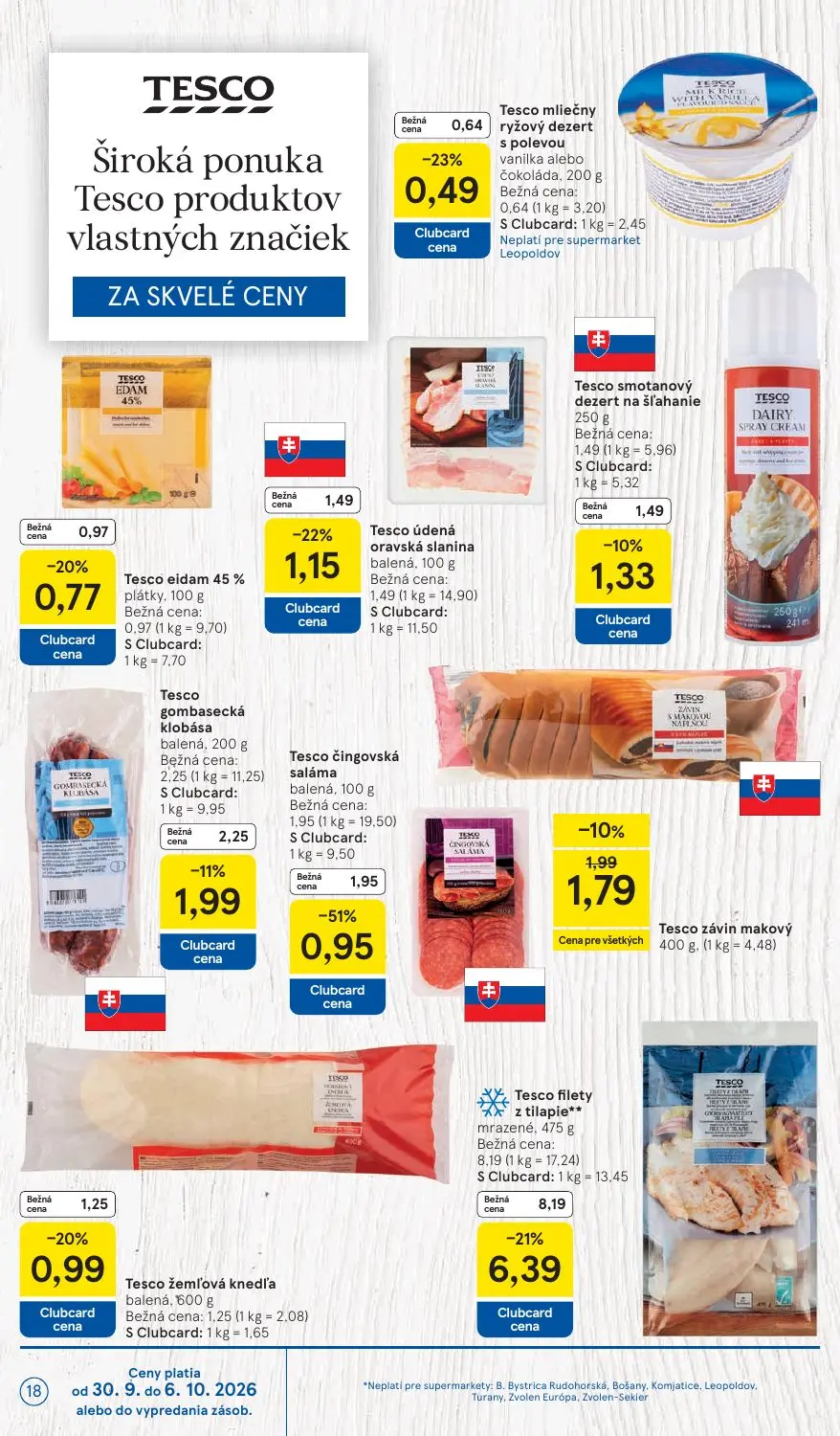 Tesco Supermarket leták, strana 18 z 30 — Tesco filety z tilapie mrazené, Tesco čingovská saláma balená, Tesco údená oravská…