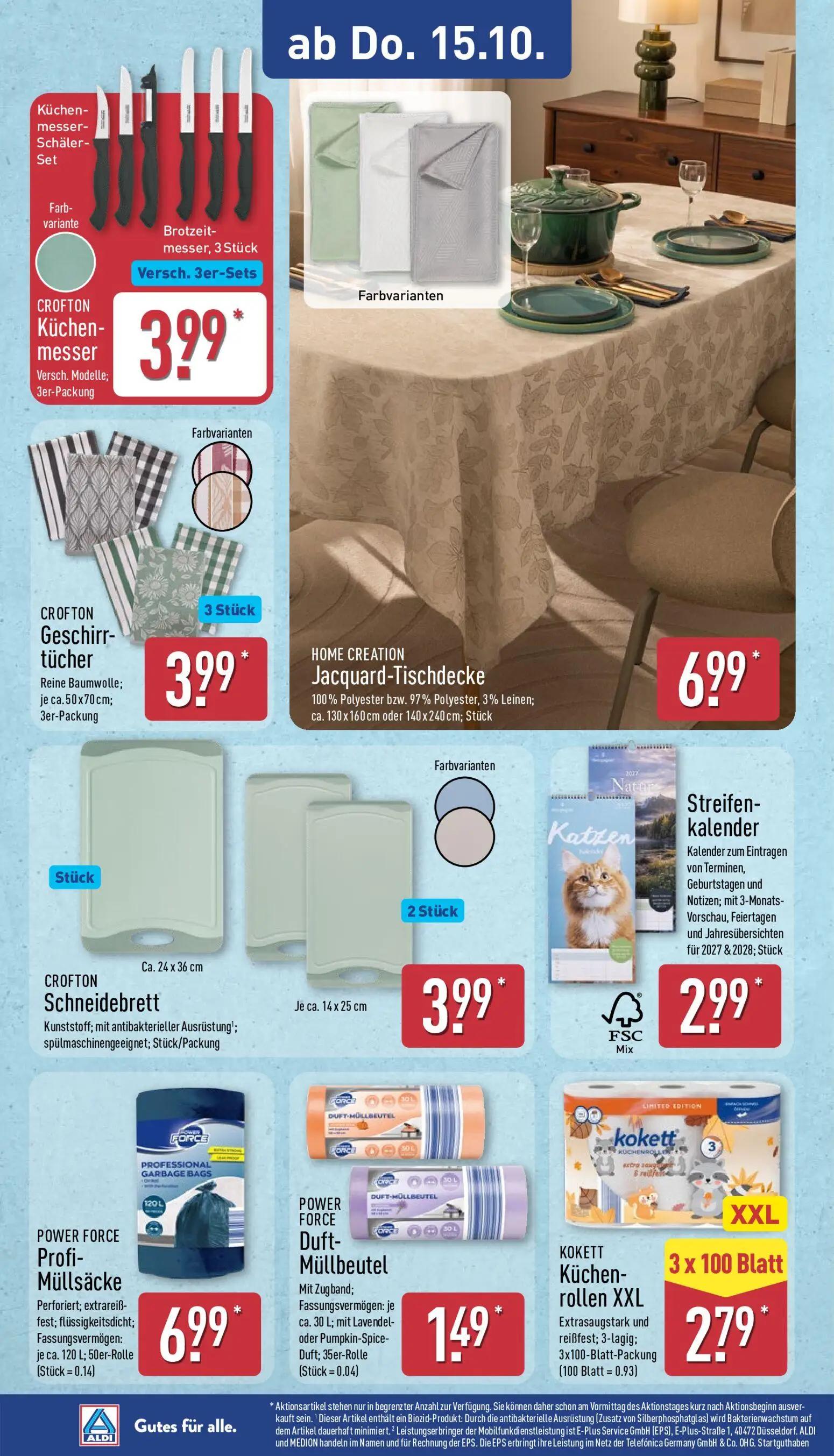 Aldi Nord Prospekt, Seite 11 von 15 — CROFTON Küchenmesser, HOME CREATION Jacquard-Tischdecke, CROFTON Geschirrtücher