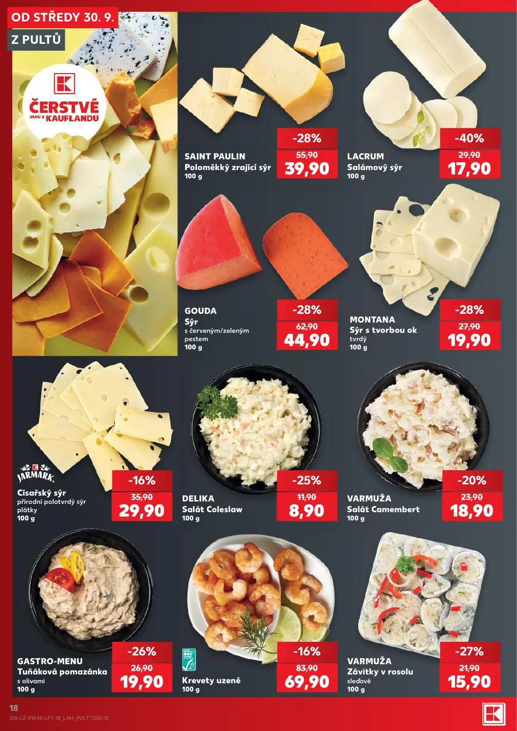 Kaufland leták, strana 18 z 54 — GOUDA Sýr s červeným/zeleným pestem, SAINT PAULIN Poloměkký zrající sýr, Krevety uzené