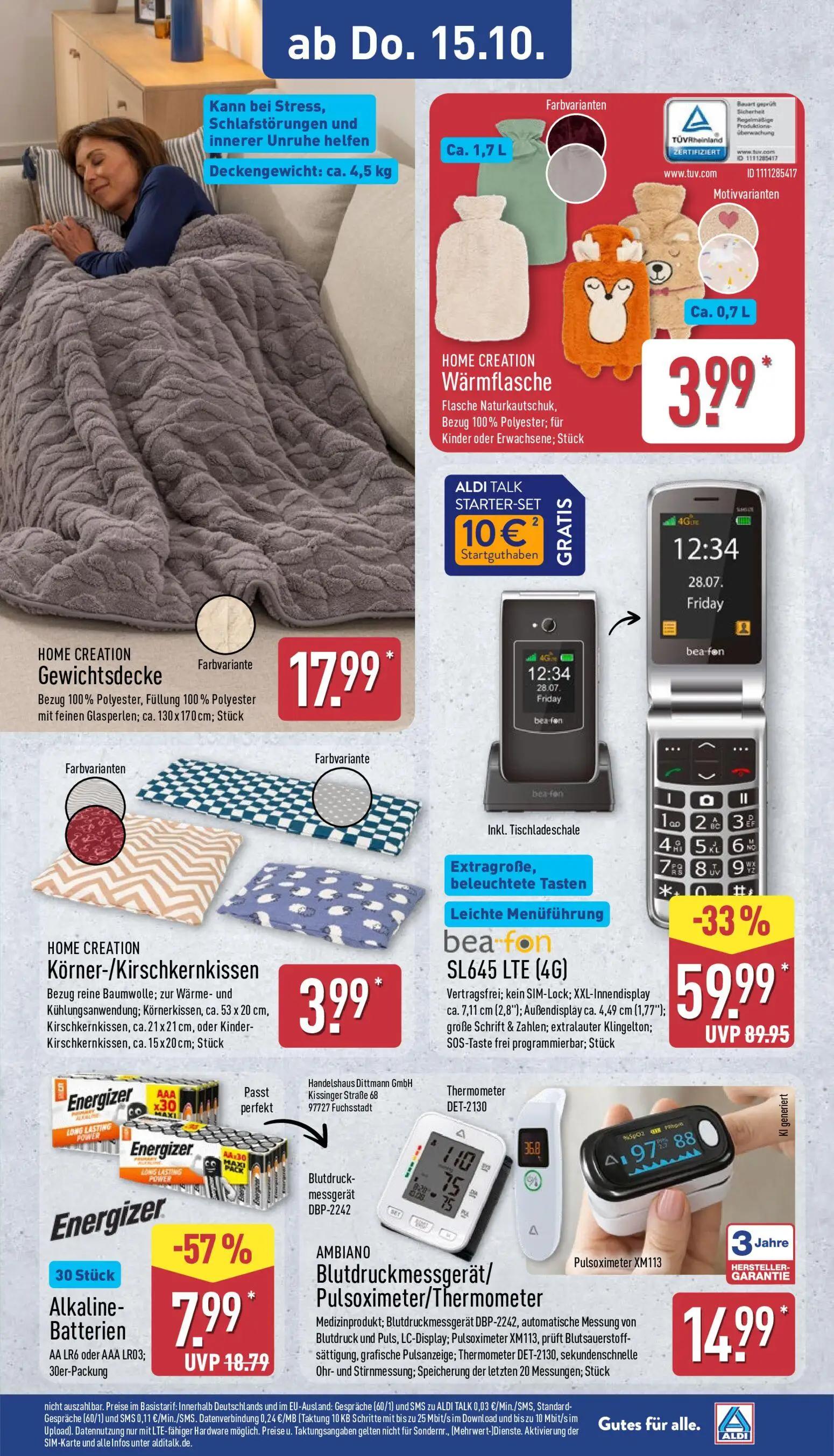 Aldi Nord Prospekt, Seite 12 von 15 — bea-fon SL645 LTE (4G), Energizer Alkaline-Batterien, HOME CREATION Gewichtsdecke