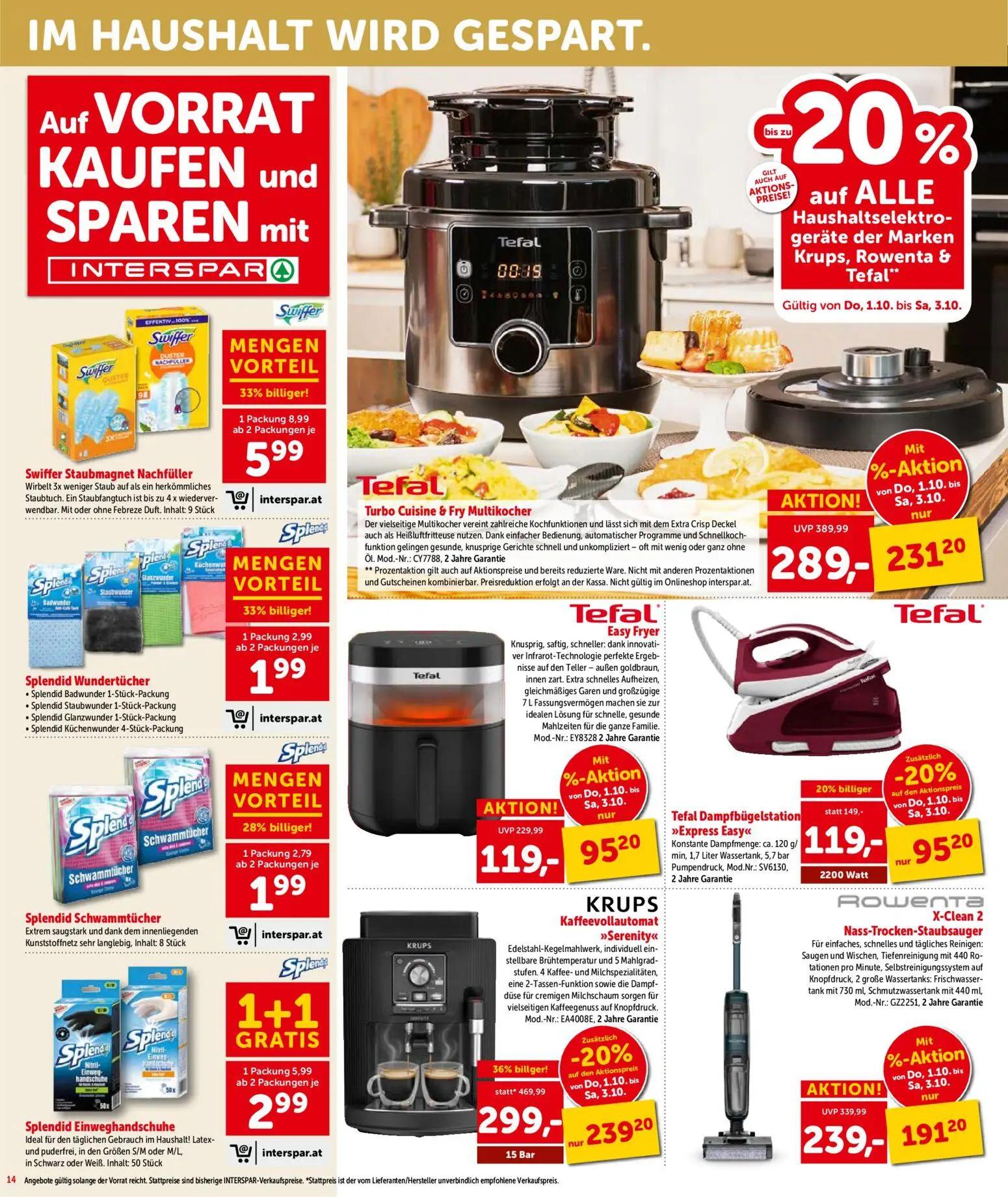 Interspar Prospekt, Seite 14 von 16 — KRUPS Kaffeevollautomat »Serenity«, Tefal Turbo Cuisine & Fry Multikocher, Rowenta X-C…