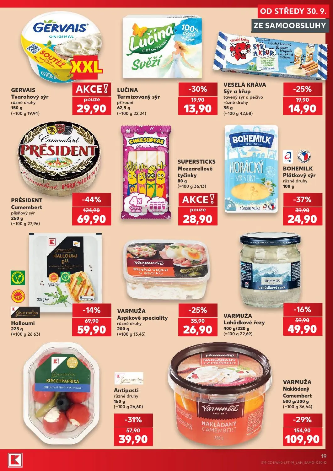 Kaufland leták, strana 19 z 54 — PRÉSIDENT Camembert plísňový sýr, VARMUŽA Nakládaný Camembert, Antipasti různé druhy