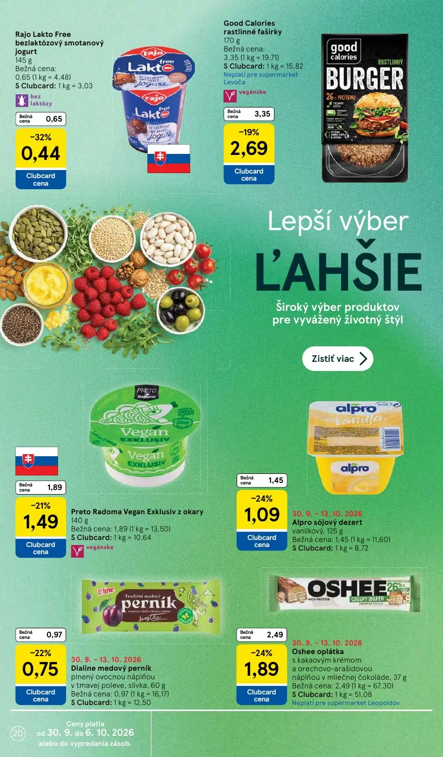 Tesco Supermarket leták, strana 20 z 30 — Good Calories rastlinné fašírky, Oshee oplátka s kakaovým krémom a orechovo-arašid…