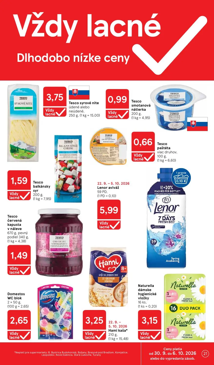 Tesco Supermarket leták, strana 21 z 30 — Tesco syrové nite údené alebo neúdené, Tesco smotanová nátierka, Tesco balkánsky s…