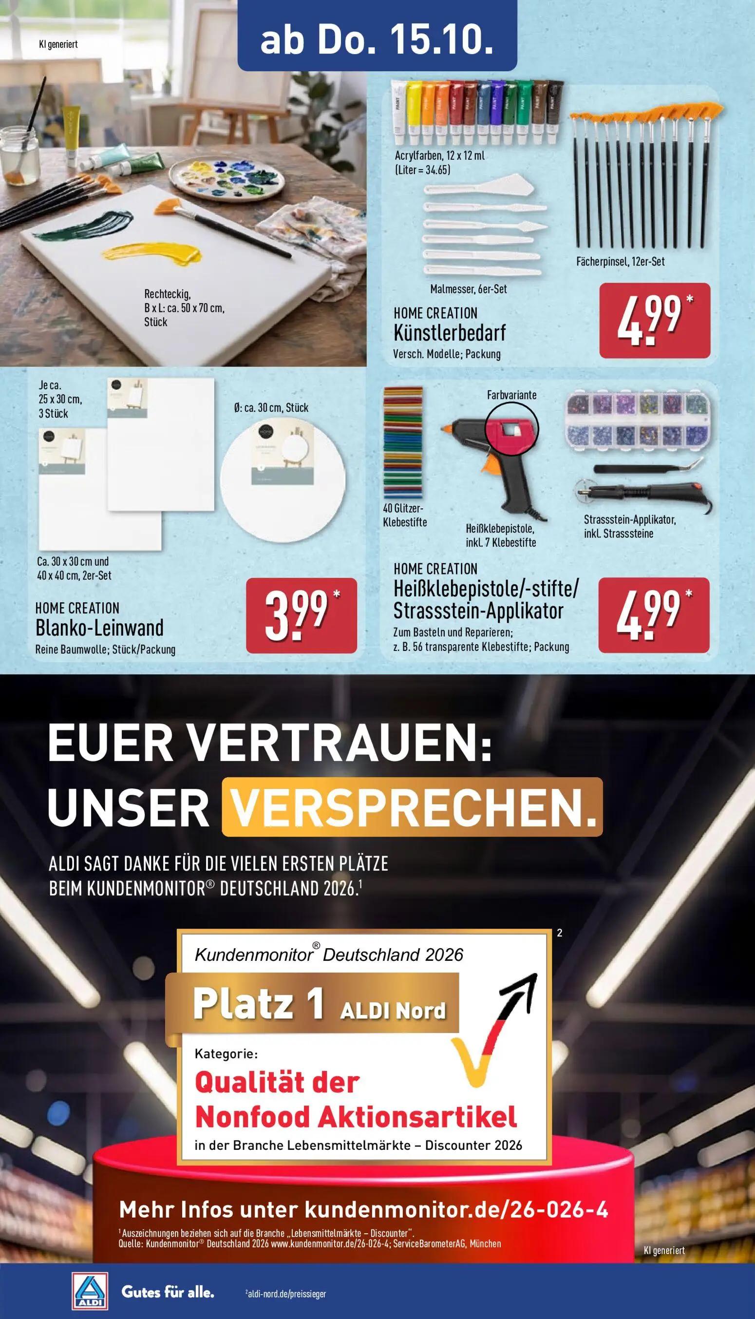 Aldi Nord Prospekt, Seite 15 von 15 — Künstlerbedarf, Blanko-Leinwand, Heißklebepistole/-stifte/ Strassstein-Applikator