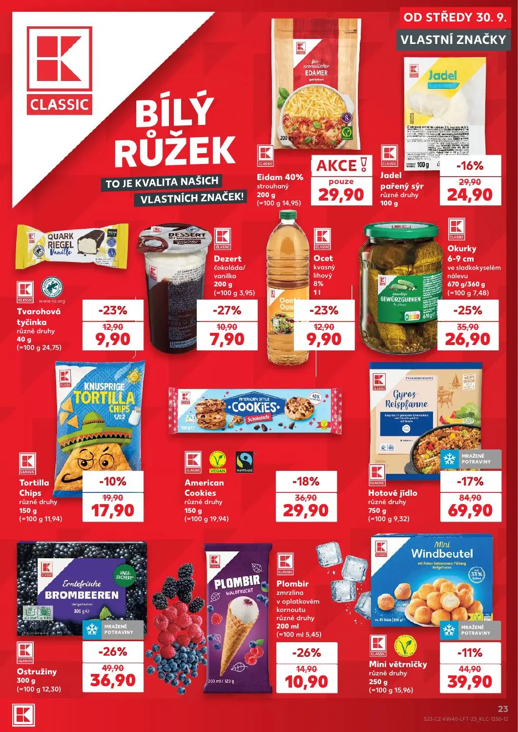Kaufland leták, strana 23 z 54 — Hotové jídlo různé druhy, Ostružiny, Okurky 6-9 cm ve sladkokyselém nálevu