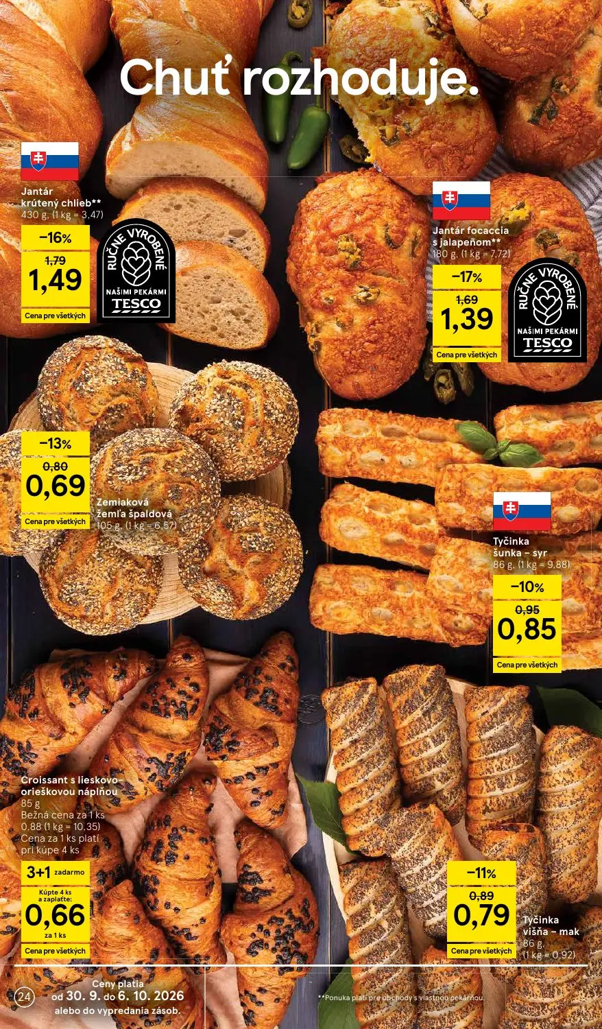 Tesco leták, strana 24 z 43 — Jantár krútený chlieb**, Jantár focaccia s jalapeñom**, Zemiaková žemľa špaldová