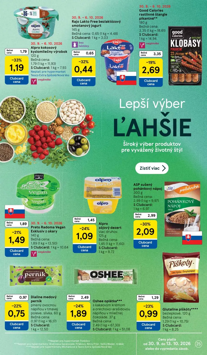 Tesco leták, strana 25 z 43 — ASP sušený pohánkový nápoj, Good Calories rastlinné štangle pikantné, Alpro kokosový kyslomlie…