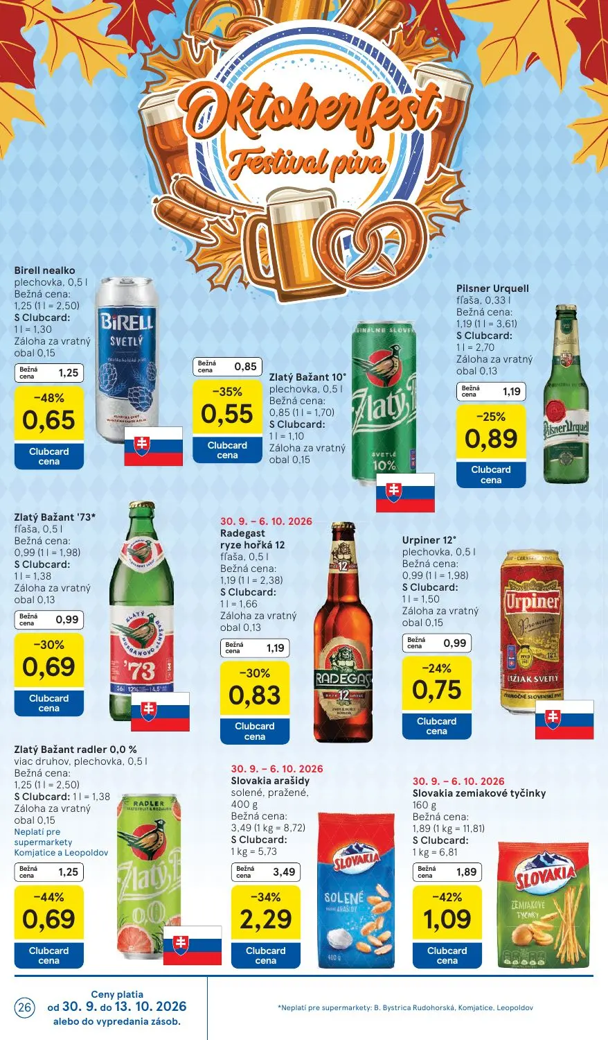Tesco Supermarket leták, strana 26 z 30 — Slovakia arašidy solené, pražené, Slovakia zemiakové tyčinky, Birell nealko plecho…