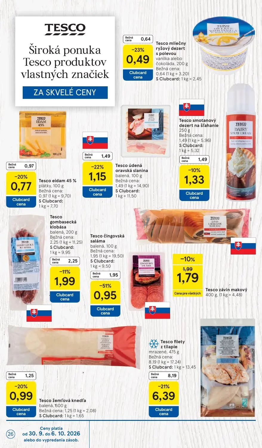 Tesco leták, strana 26 z 43 — Tesco filety z tilapie mrazené, Tesco čingovská saláma balená, Tesco údená oravská slanina bal…