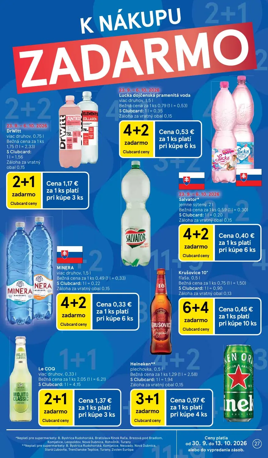 Tesco Supermarket leták, strana 27 z 30 — DrWitt viac druhov, Lucka dojčenská pramenitá voda viac druhov, Salvator* jemne sý…