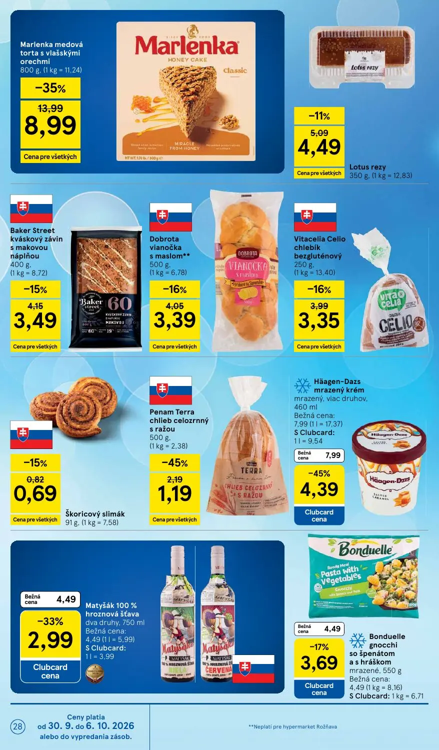 Tesco leták, strana 28 z 43 — Marlenka medová torta s vlašskými orechmi, Häagen-Dazs mrazený krém, Matyšák 100% hroznová šťa…