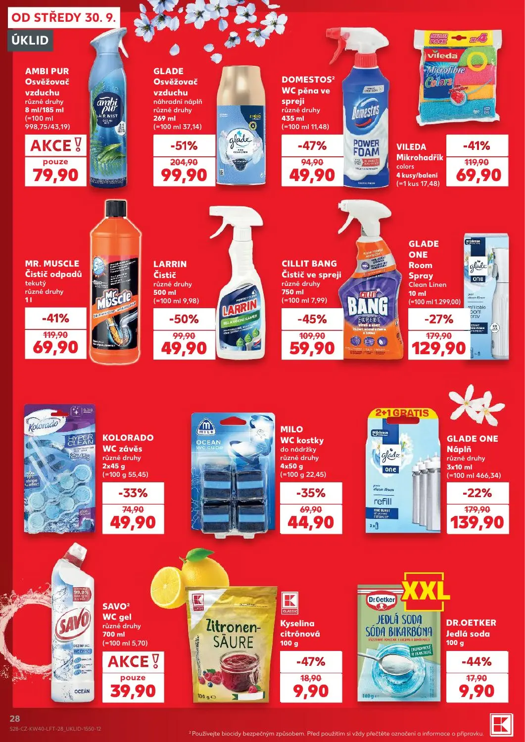 Kaufland leták, strana 28 z 54 — GLADE Osvěžovač vzduchu náhradní náplň různé druhy, VILEDA Mikrohadřík colors, MR. MUSCLE Č…
