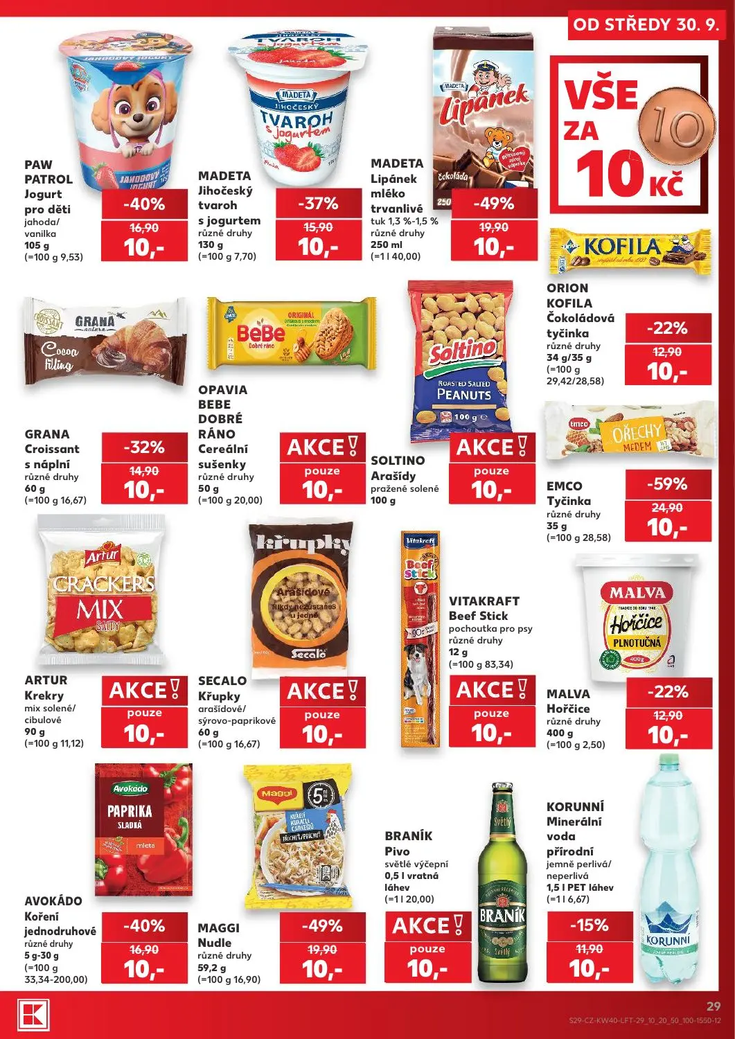 Kaufland leták, strana 29 z 54 — EMCO Tyčinka různé druhy, MADETA Lipánek mléko trvanlivé tuk 1,3%-1,5% různé druhy, MAGGI N…