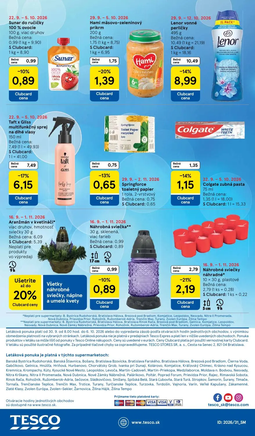 Tesco Supermarket leták, strana 30 z 30 — Lenor vonné perličky, Taft x Gliss multifunkčný sprej na dlhé vlasy, Náhrobné svie…