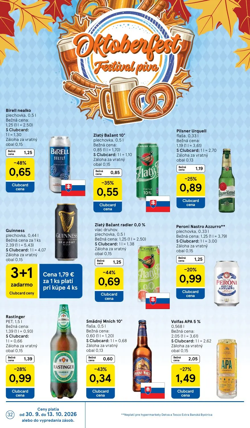Tesco leták, strana 32 z 43 — Birell nealko plechovka, Zlatý Bažant radler 0,0 % viac druhov. plechovka, Volfas APA 5 %