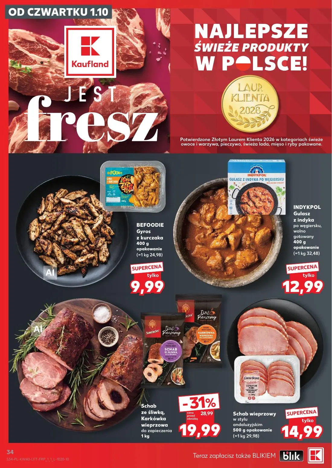 Kaufland gazetka, strona 34 z 67 — Schab ze śliwką, Karkówka wieprzowa do zapieczenia, BEFOODIE Gyros z kurczaka, INDYKPOL G…