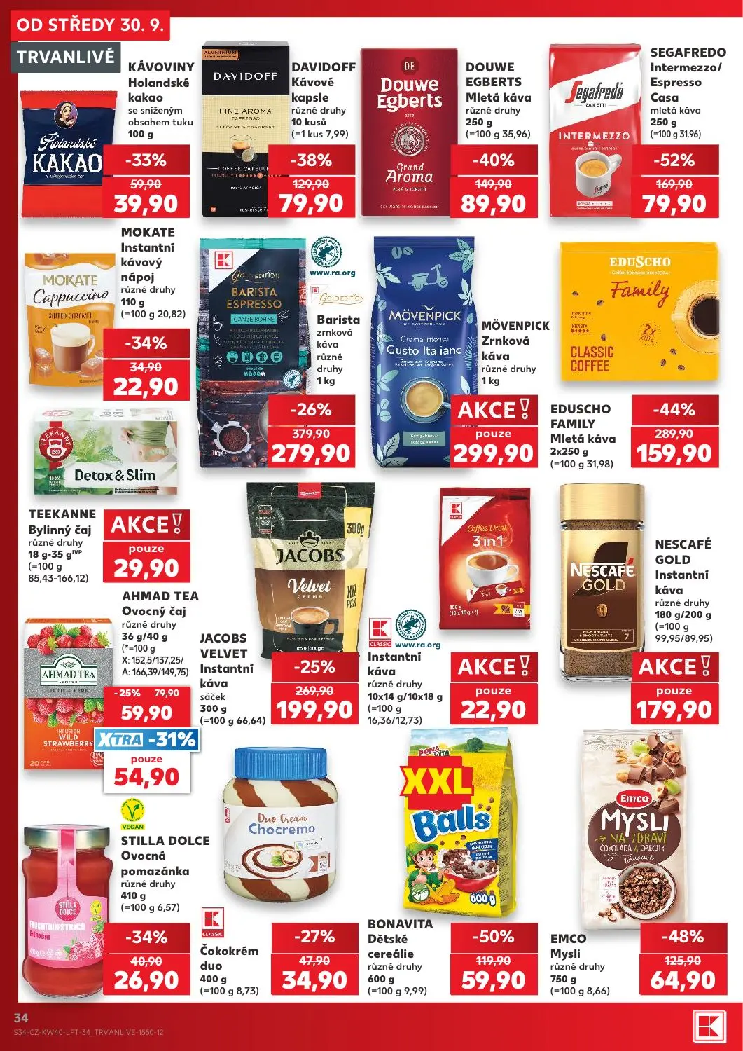 Kaufland leták, strana 34 z 54 — EDUSCHO FAMILY Mletá káva, Barista zrnková káva, SEGAFREDO Intermezzo/Espresso Casa mletá k…
