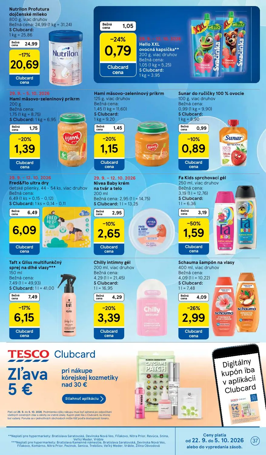 Tesco leták, strana 37 z 43 — Nutrilon Profutura dojčenské mlieko, Fa Kids sprchovací gél, Taft x Gliss multifunkčný sprej n…