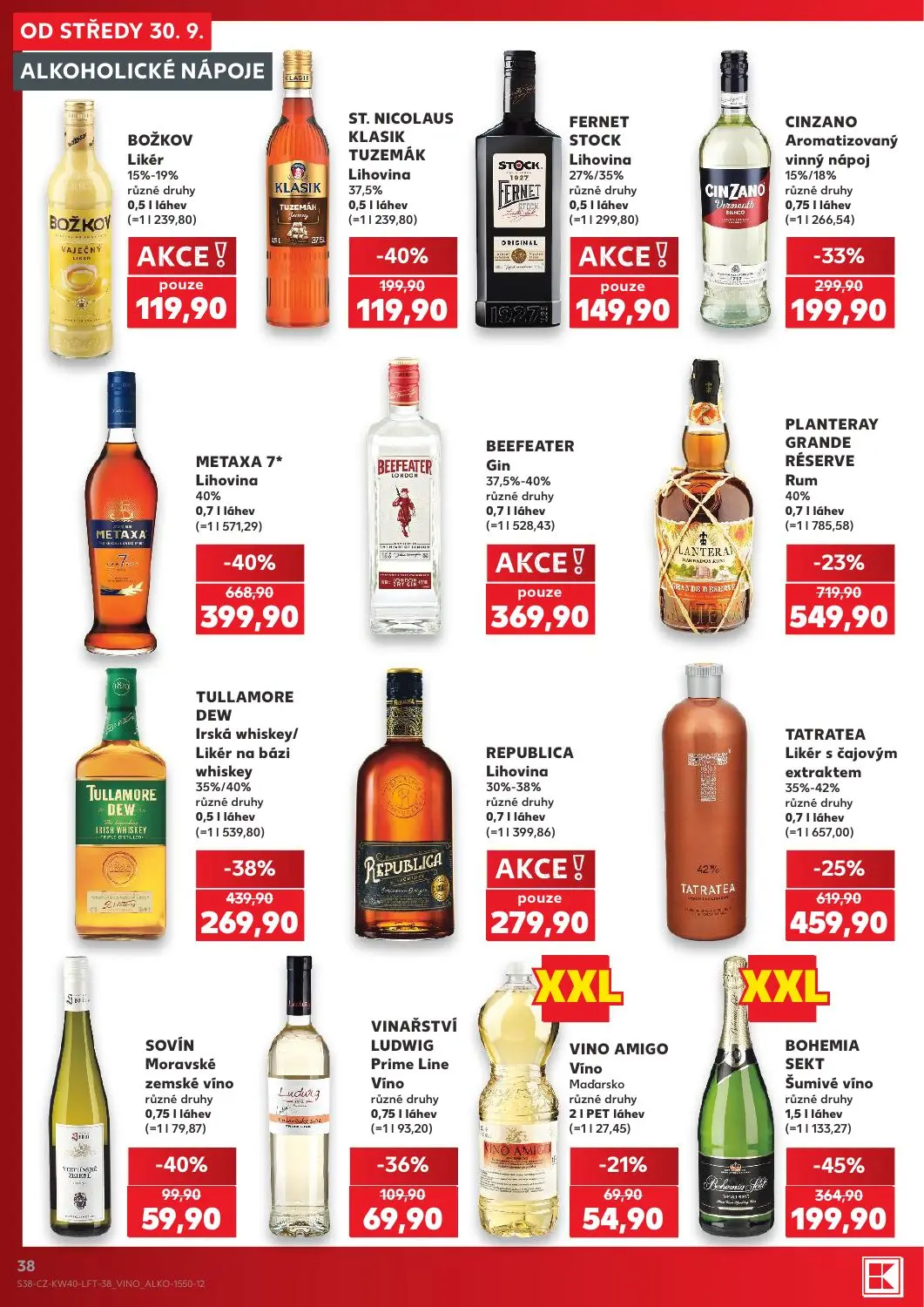 Kaufland leták, strana 38 z 54 — METAXA 7* Lihovina, PLANTERAY GRANDE RÉSERVE Rum, TULLAMORE DEW Irská whiskey/Likér na bázi…
