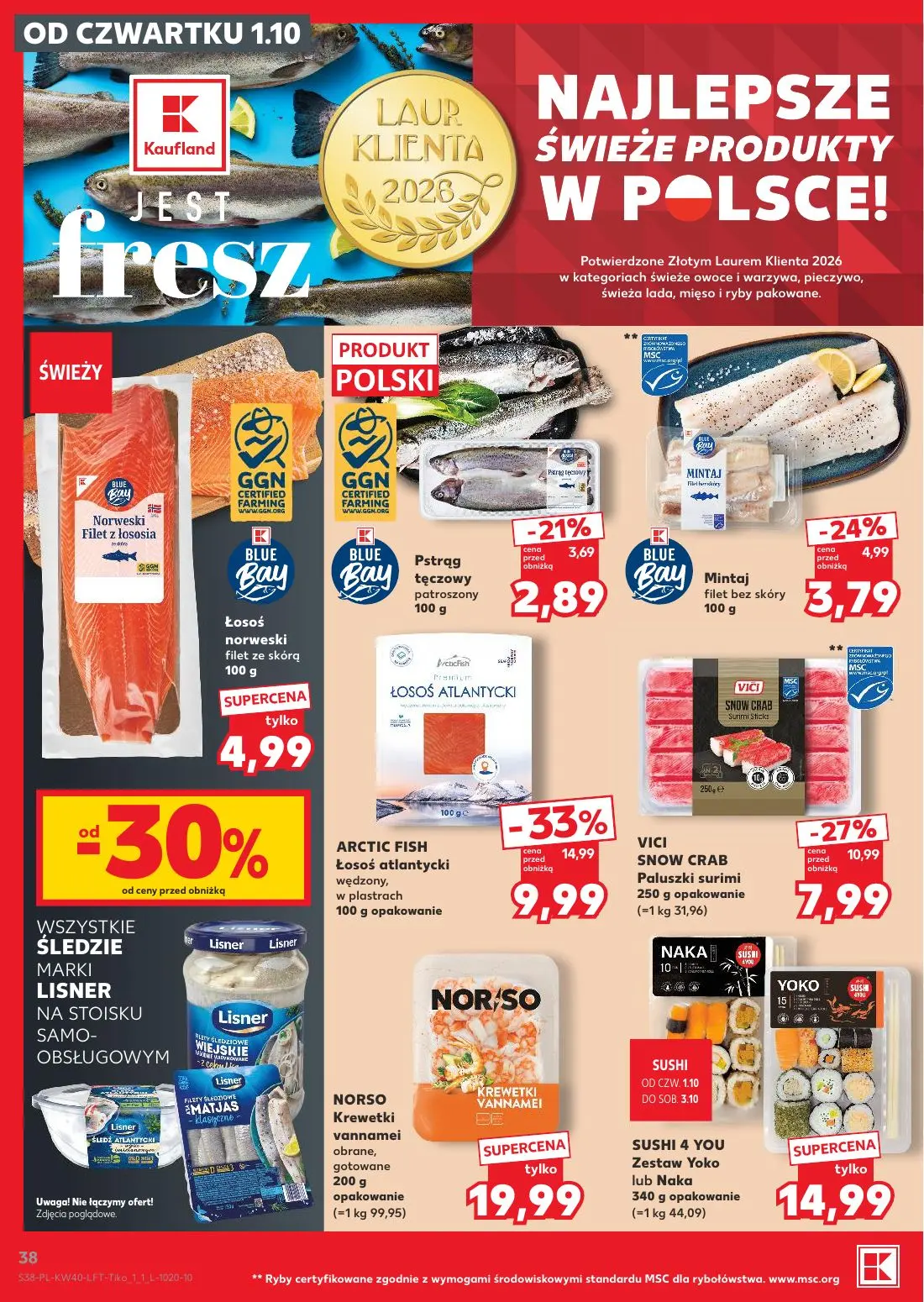 Kaufland gazetka, strona 38 z 67 — ARCTIC FISH Łosoś atlantycki wędzony, w plastrach, VICI SNOW CRAB Paluszki surimi, Mintaj…