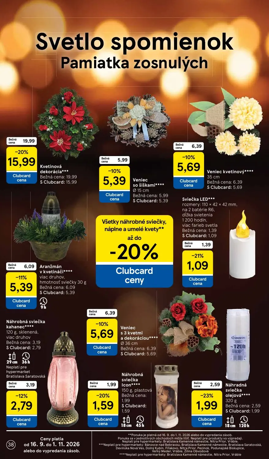 Tesco leták, strana 38 z 43 — Kvetinová dekorácia, Veniec kvetinový, Aranžmán v kvetináči