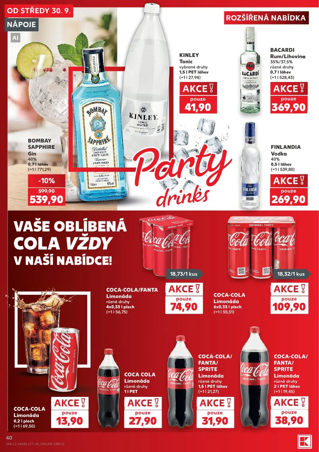 Kaufland leták, strana 40 z 54 — BOMBAY SAPPHIRE Gin 40%, KINLEY Tonic vybrané druhy, BACARDI Rum/Lihovina 35%/37,5% různé d…