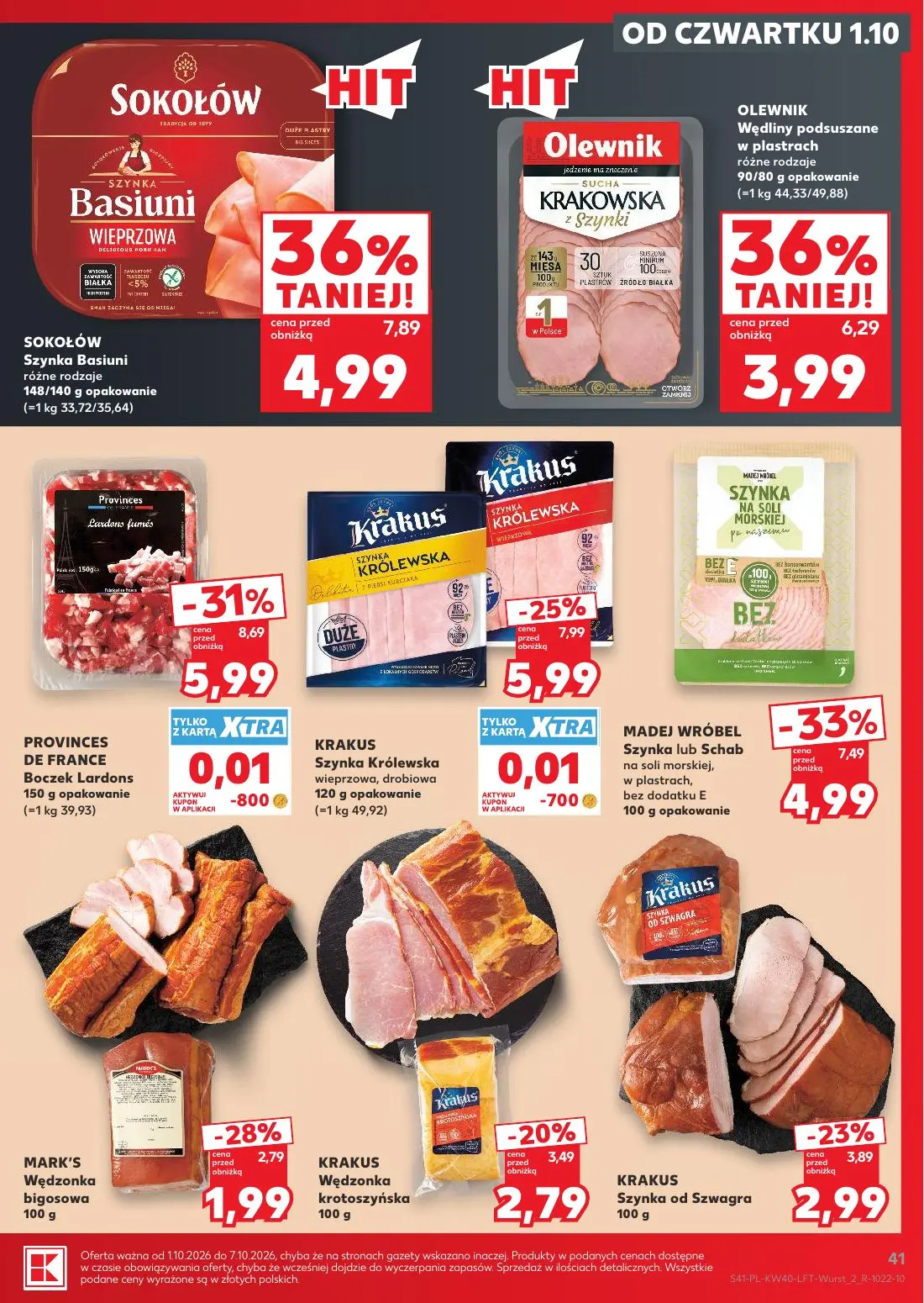 Kaufland gazetka, strona 41 z 67 — SOKOŁÓW Szynka Basiuni różne rodzaje, MADEJ WRÓBEL Szynka lub Schab na soli morskiej, w p…