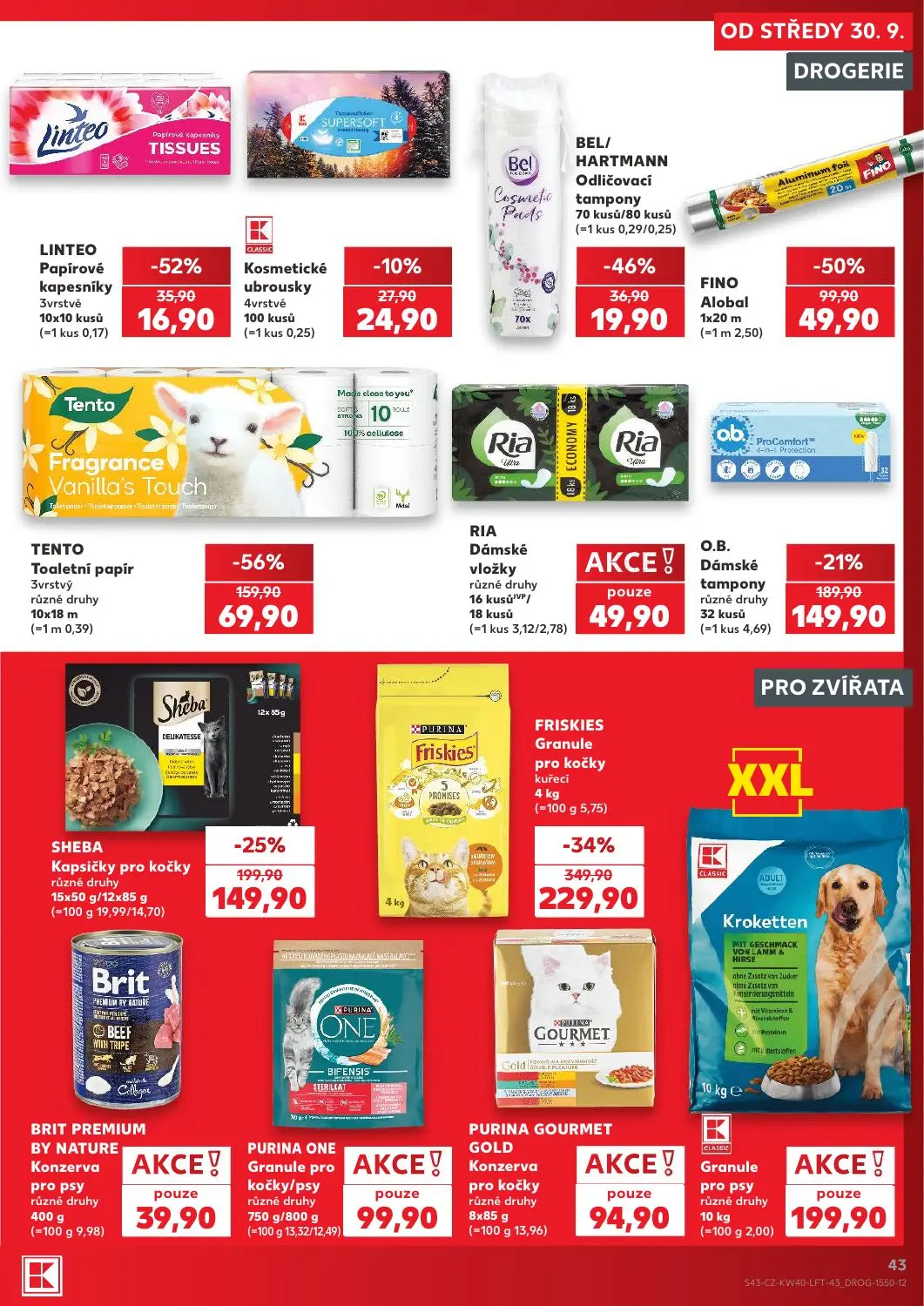 Kaufland leták, strana 43 z 54 — FRISKIES Granule pro kočky kuřecí, TENTO Toaletní papír, FINO Alobal