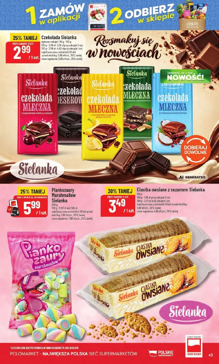 POLOmarket gazetka, strona 43 z 66 — Piankozaury Marshmallow Sielanka, Ciastka owsiane z sezamem Sielanka, Czekolada Sielanka