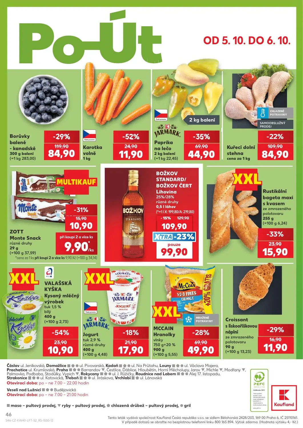 Kaufland leták, strana 46 z 54 — Borůvky balené - kanadské, BOŽKOV STANDARD/ BOŽKOV ČERT Lihovina, Paprika na lečo