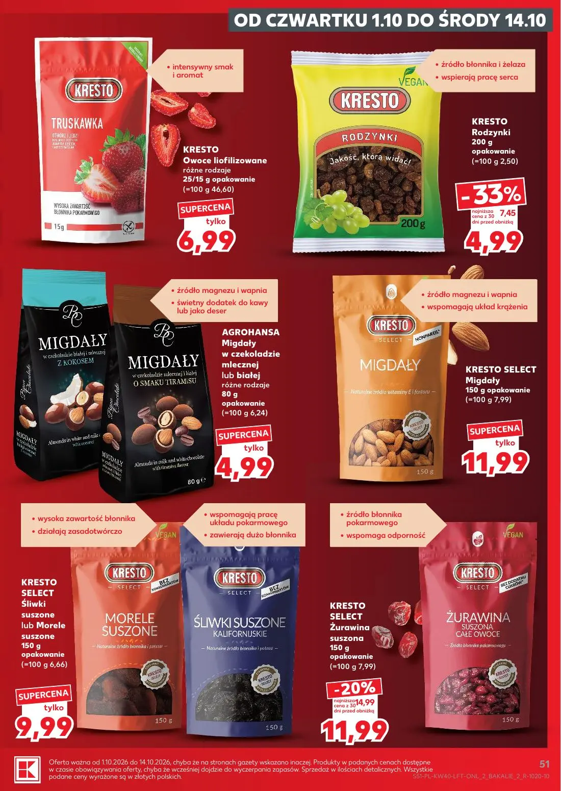 Kaufland gazetka, strona 51 z 67 — KRESTO SELECT Żurawina suszona, KRESTO Rodzynki, KRESTO Owoce liofilizowane