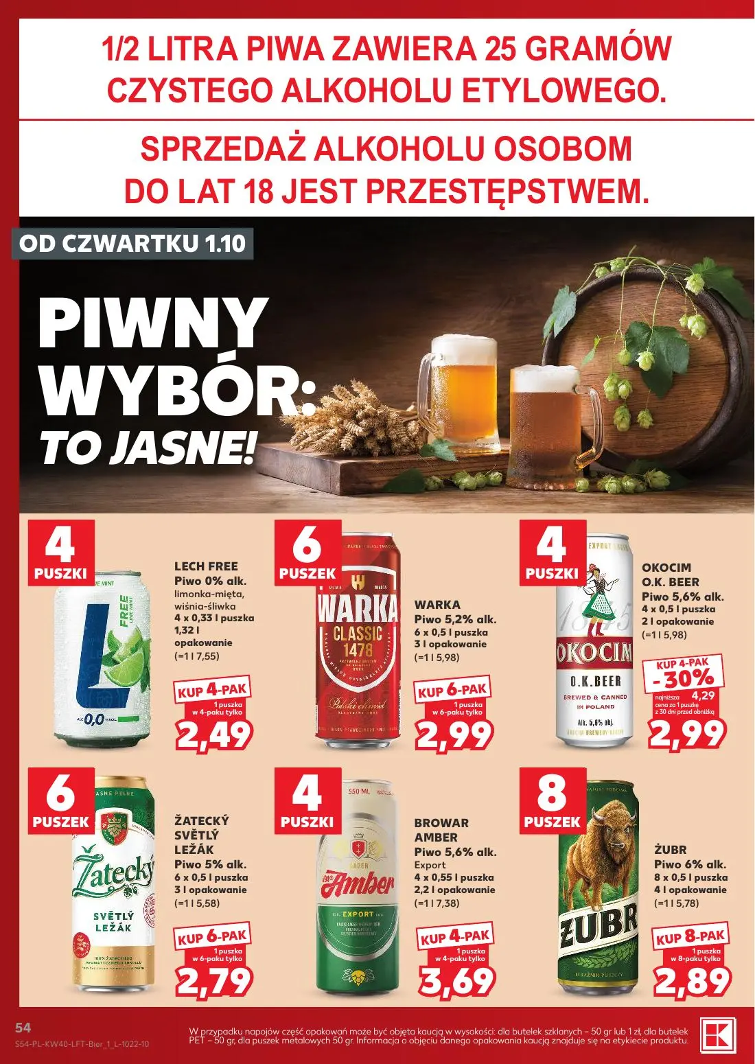 Kaufland gazetka, strona 54 z 67 — OKOCIM O.K. BEER Piwo 5,6% alk., LECH FREE Piwo 0% alk. limonka-mięta, wiśnia-śliwka, WAR…