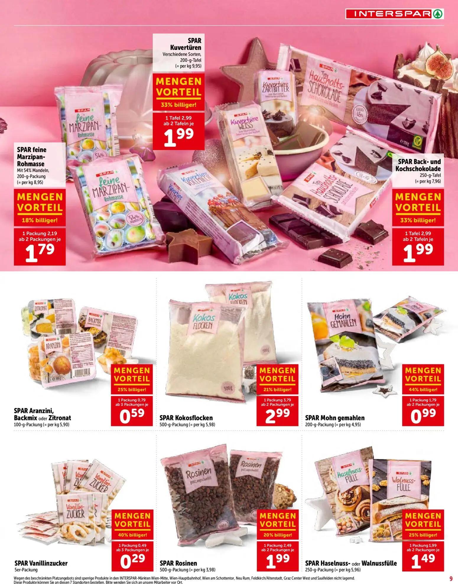 Interspar Prospekt, Seite 9 von 28 — SPAR Kuvertüren Verschiedene Sorten, SPAR Back- und Kochschokolade, SPAR Kokosflocken