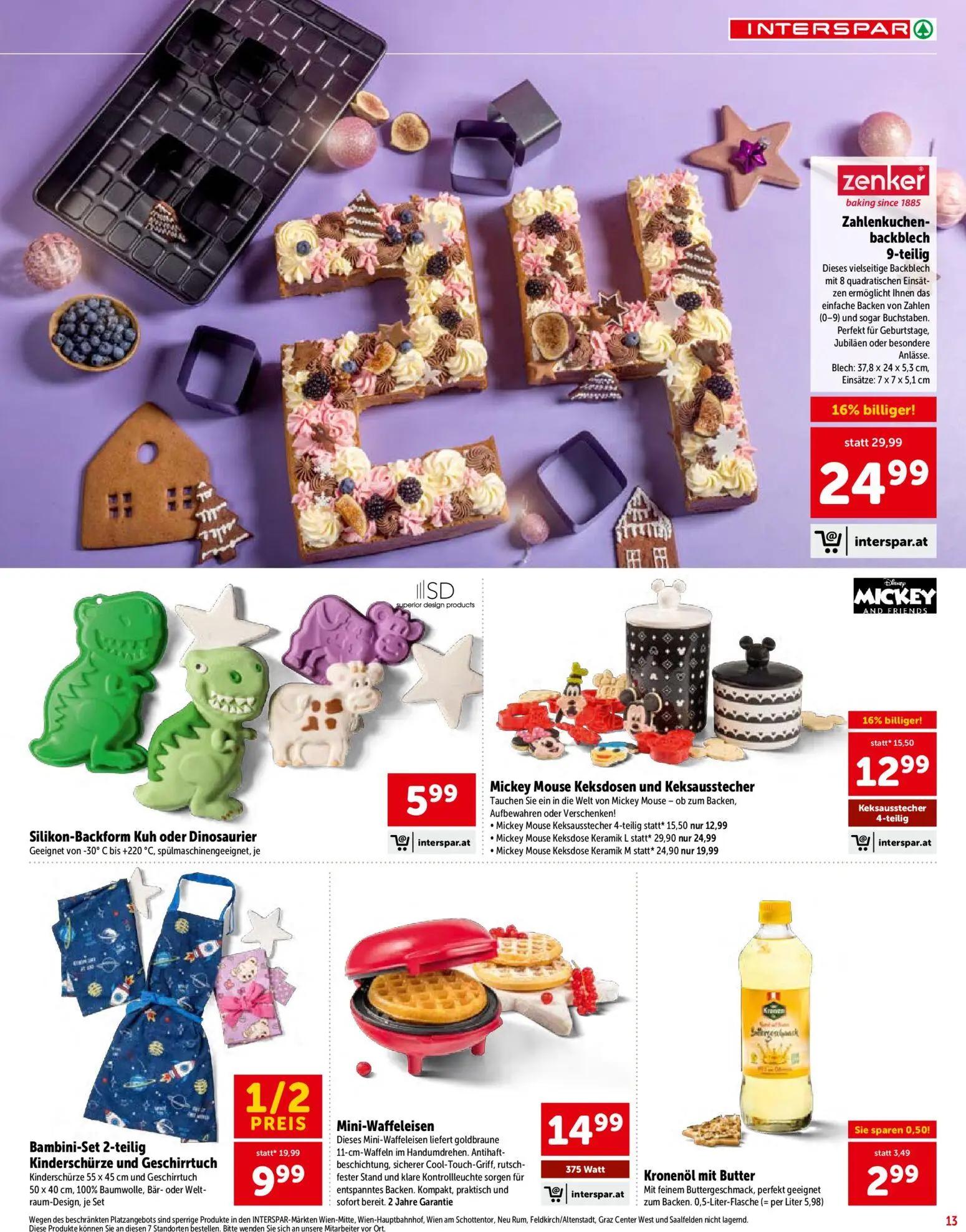 Interspar Prospekt, Seite 13 von 28 — Bambini-Set 2-teilig Kinderschürze und Geschirrtuch, Zahlenkuchen-backblech, Mickey Mo…