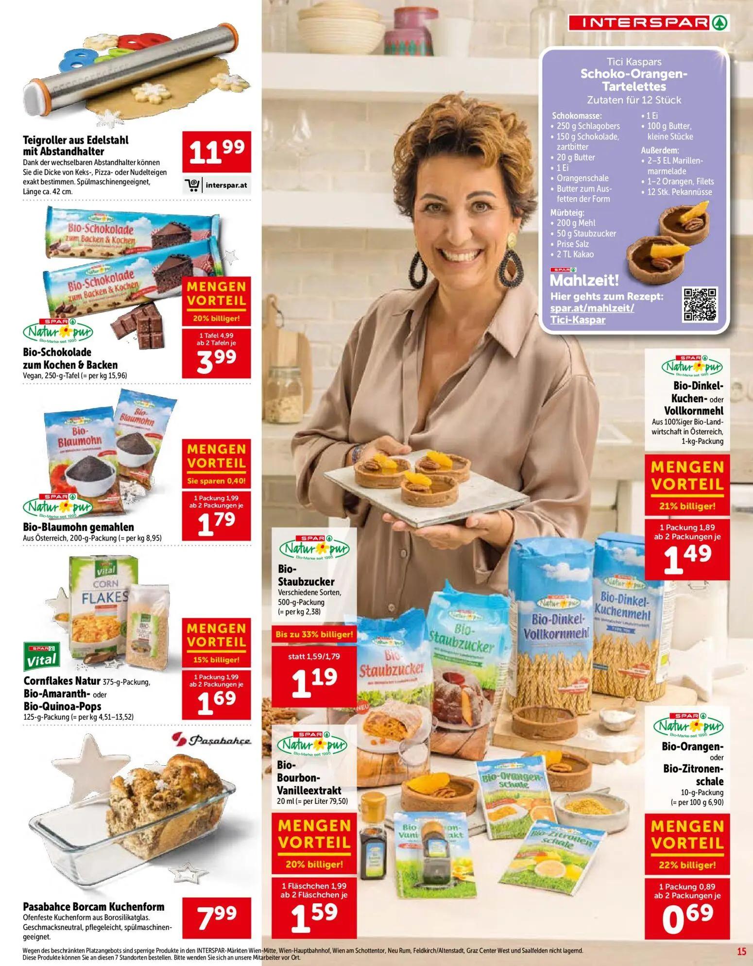 Interspar Prospekt, Seite 15 von 28 — Bio-Schokolade zum Kochen & Backen, Bio-Staubzucker, Bio-Dinkel-Kuchen- oder Vollkornm…