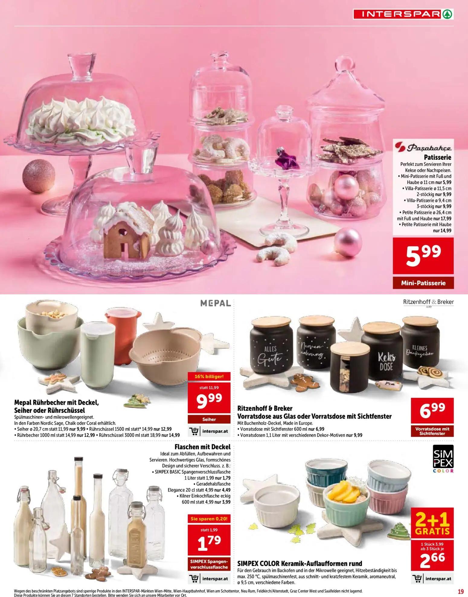 Interspar Prospekt, Seite 19 von 28 — Mepal Rührbecher mit Deckel, Seiher oder Rührschüssel, SIMPEX COLOR Keramik-Auflauffor…