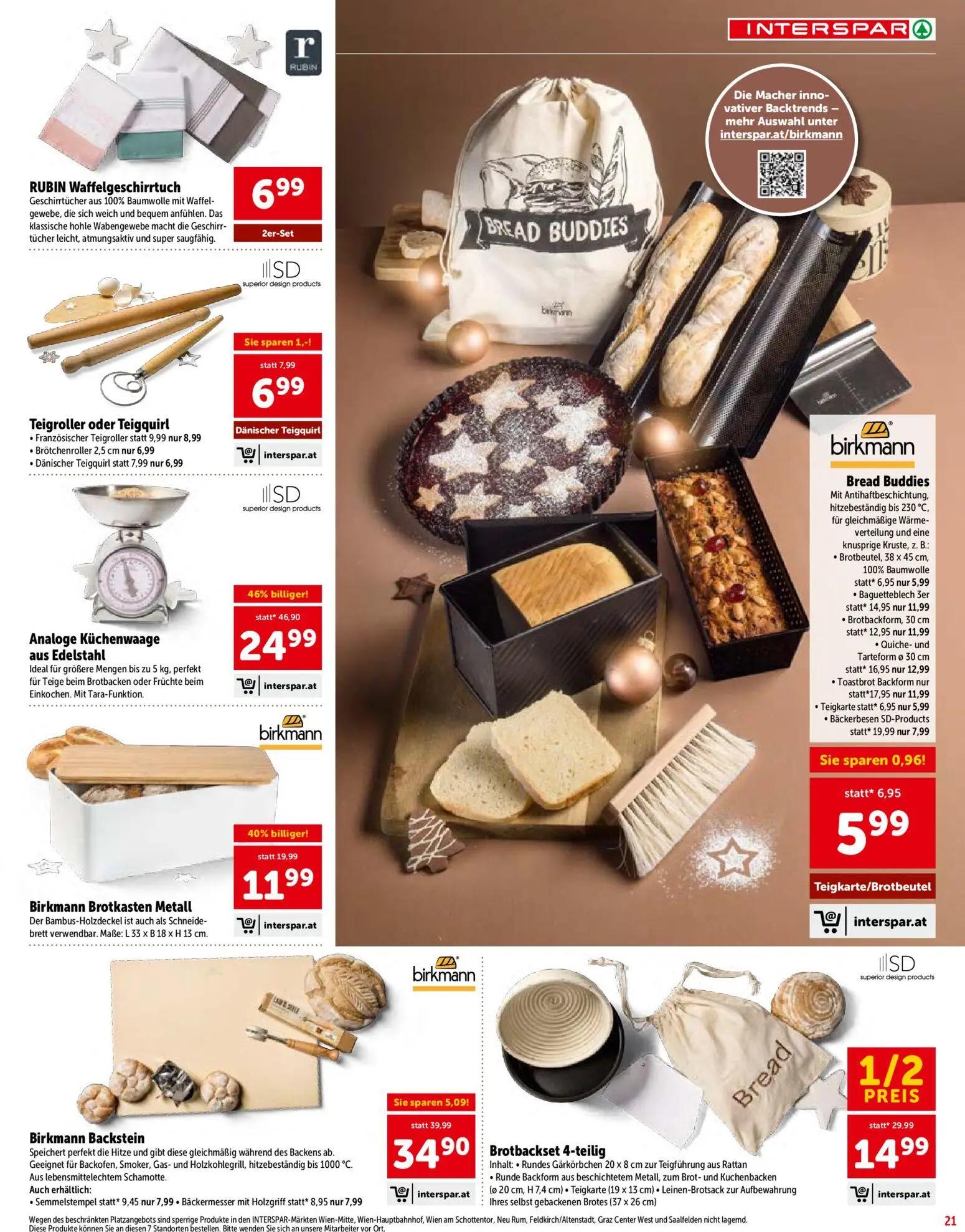 Interspar Prospekt, Seite 21 von 28 — Analoge Küchenwaage aus Edelstahl, Brotbackset 4-teilig, Birkmann Brotkasten Metall