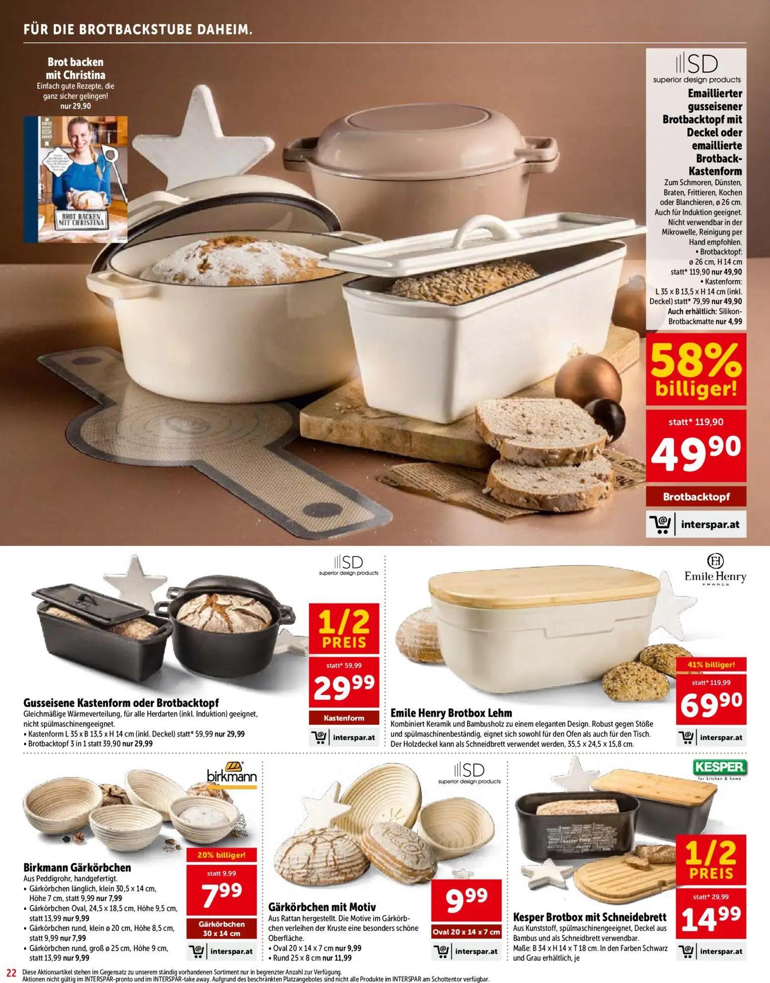 Interspar Prospekt, Seite 22 von 28 — Emaillierter gusseisener Brotbacktopf, Emile Henry Brotbox Lehm, Emaillierte Brotback-…