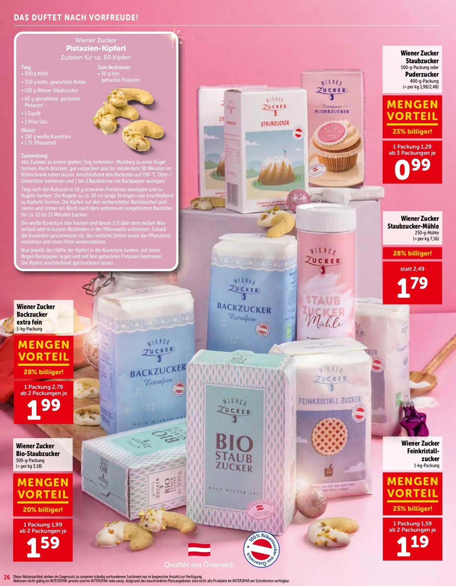 Interspar Prospekt, Seite 26 von 28 — Wiener Zucker Backzucker extra fein, Wiener Zucker Staubzucker-Mühle, Wiener Zucker Bi…