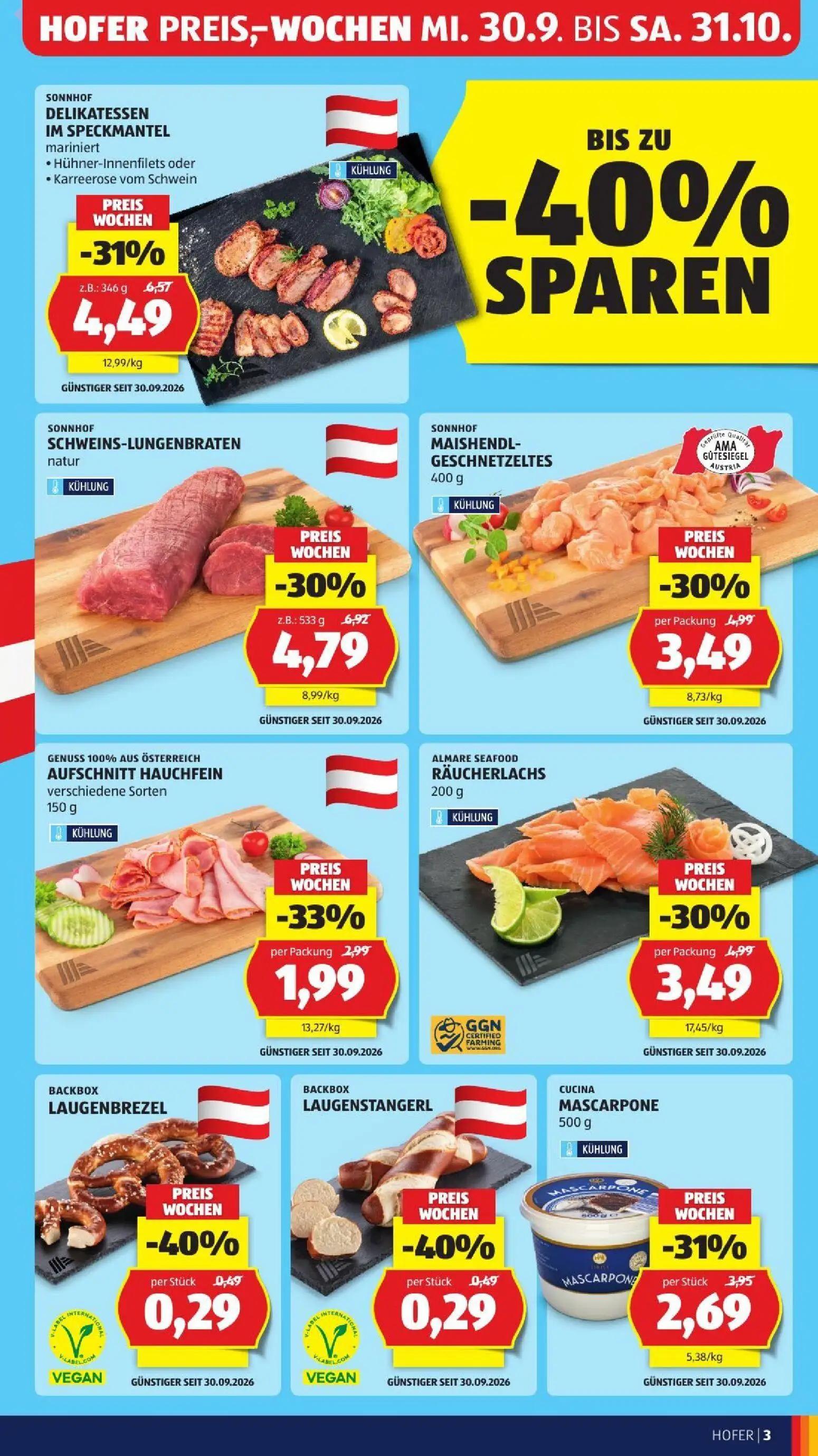 Hofer Prospekt, Seite 11 von 52 — SCHWEINS-LUNGENBRATEN natur, DELIKATESSEN IM SPECKMANTEL mariniert • Hühner-Innenfilets od…