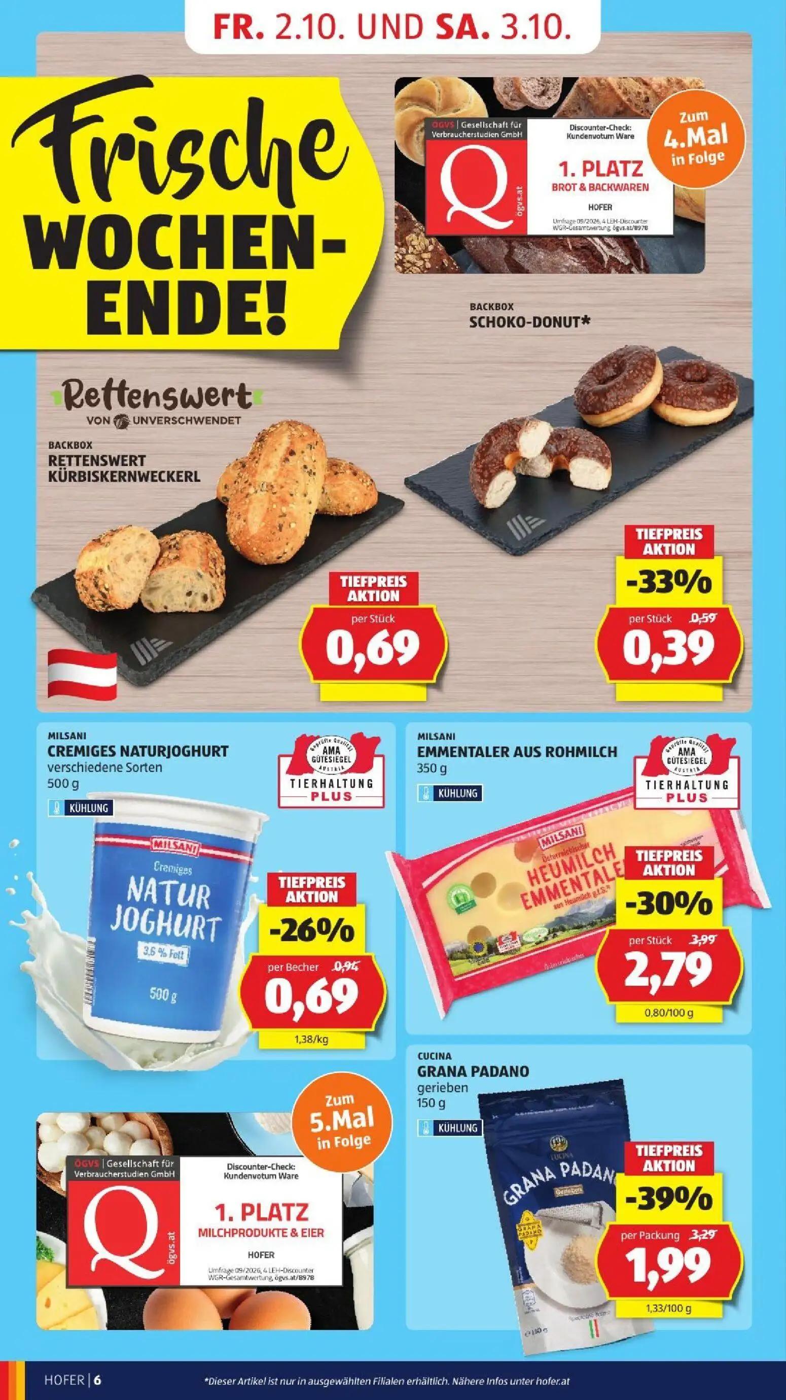 Hofer Prospekt, Seite 14 von 52 — GRANA PADANO gerieben, EMMENTALER AUS ROHMILCH, CREMIGES NATURJOGHURT verschiedene Sorten
