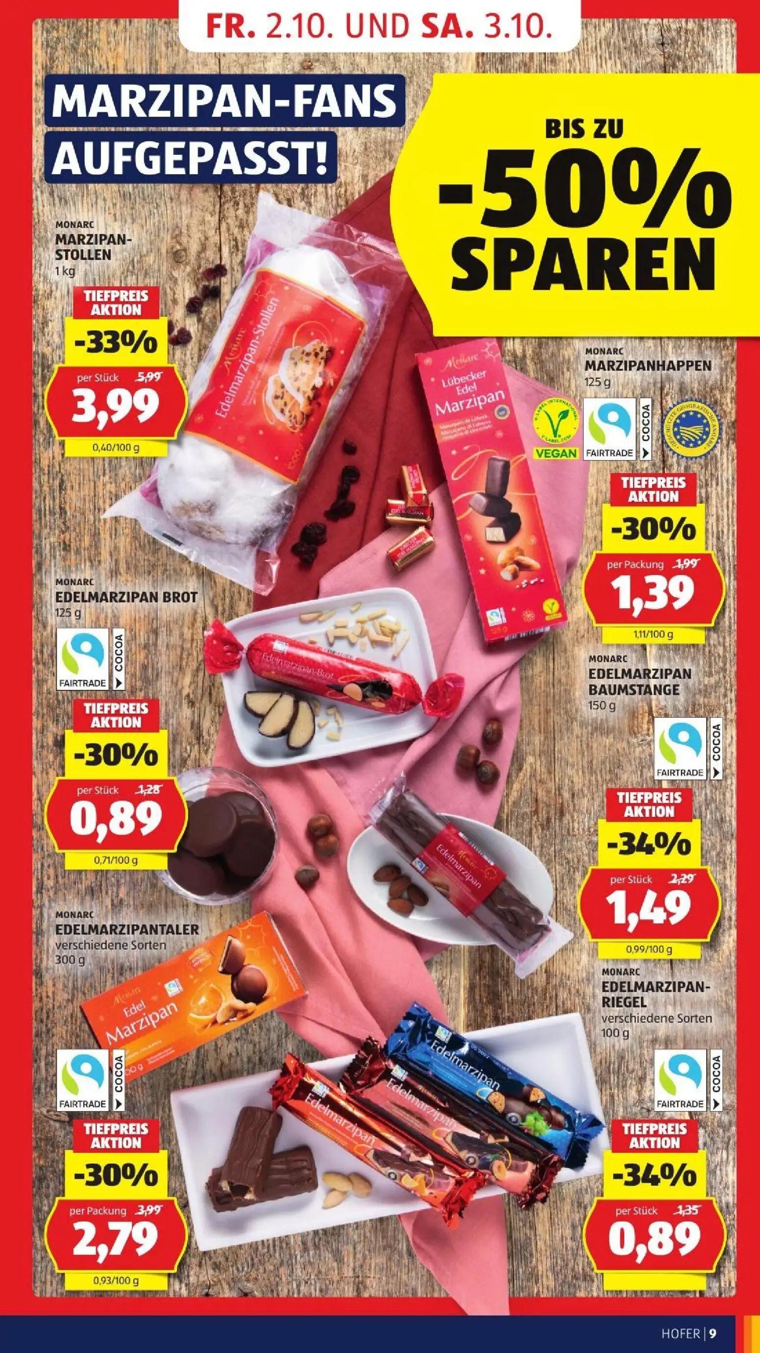 Hofer Prospekt, Seite 17 von 52 — MARZIPAN-STOLLEN, EDELMARZIPANTALER verschiedene Sorten, EDELMARZIPAN BAUMSTANGE