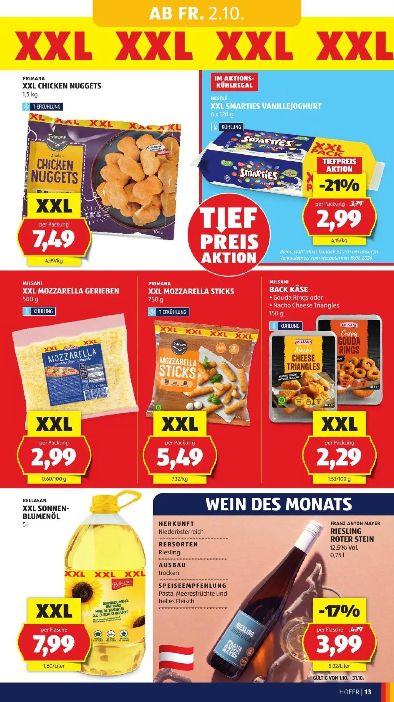 Hofer Prospekt, Seite 21 von 52 — XXL SMARTIES VANILLEJOGHURT, RIESLING ROTER STEIN, XXL CHICKEN NUGGETS
