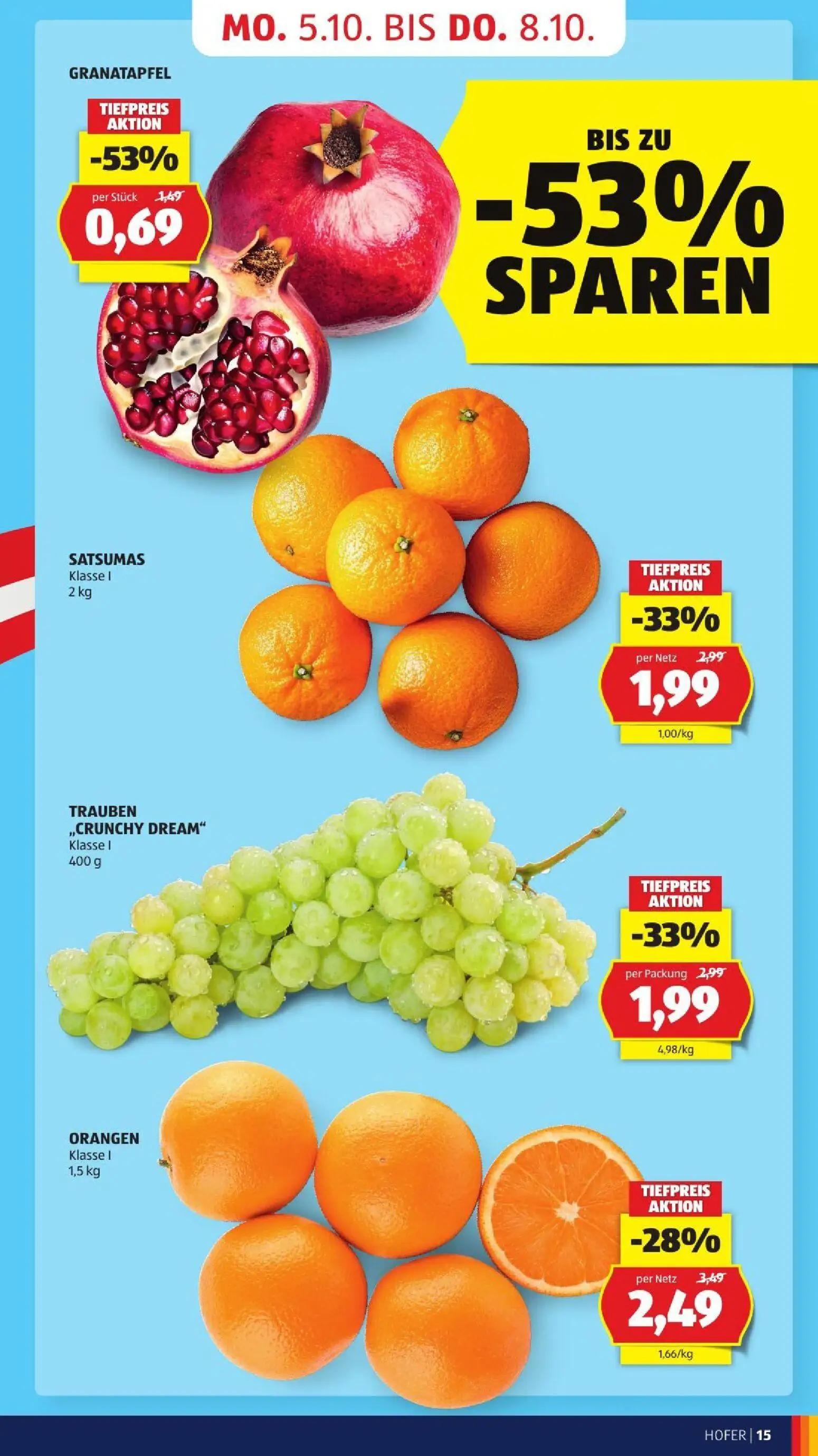 Hofer Prospekt, Seite 23 von 52 — SATSUMAS, TRAUBEN „CRUNCHY DREAM", ORANGEN